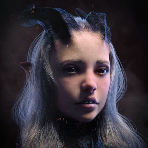 a woman with long grey hair and horns on her head is staring at the camera