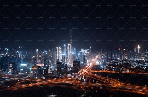 Dubai Skyline At Night Aerial View - Stock Photos | Motion Array