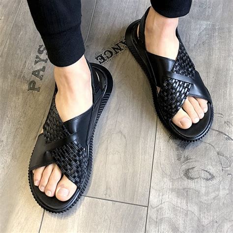 Black Knitted Leather Crisscross Thick Sole Fashion Mens Gladiator Roman Sandals