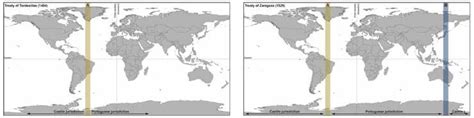 Lines of demarcation defined in the Treaty of Tordesillas A (left map ...