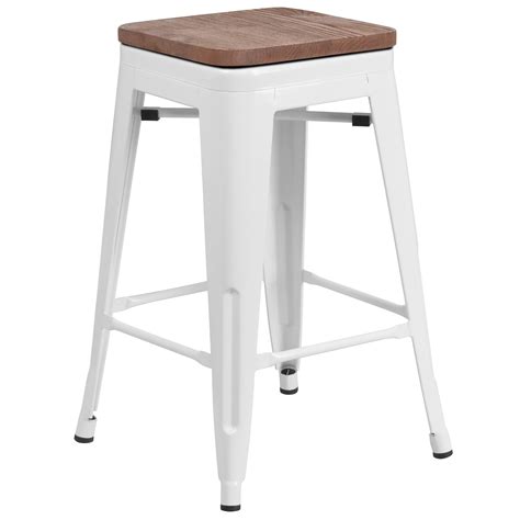 Flash Furniture 24" High Backless White Metal Counter Height Stool with Square Wood Seat ...