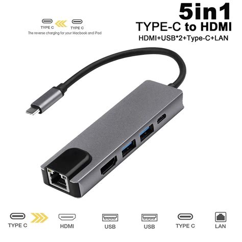 USB Hubs Type C Computer Peripherals 5 in 1 USB 3.1 Type C Hub 4K Hdmi USB 3.0 to Rj45 Lan ...