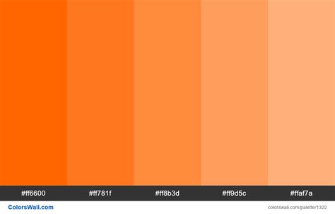 Orange tints colours. HEX colors #ff6600, #ff781f, #ff8b3d, #ff9d5c, #ffaf7a. Brand original ...