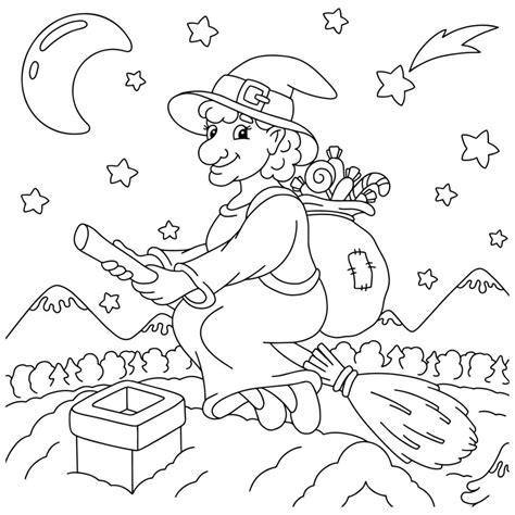 Cute Befana flies on a broomstick with a bag of gifts. Coloring book page for kids. Cartoon ...