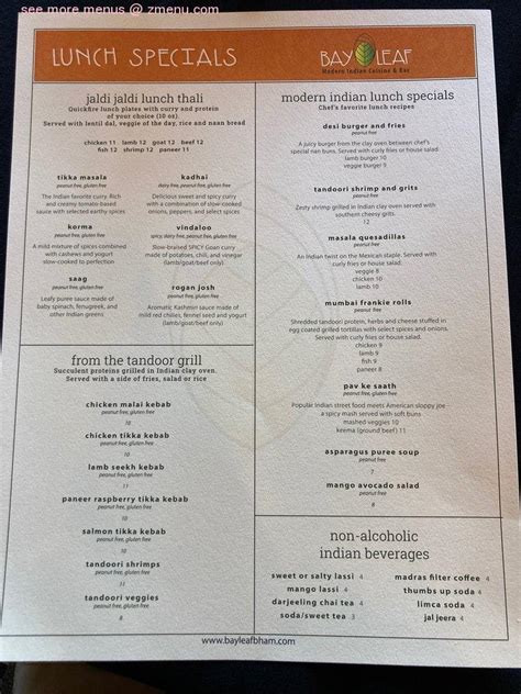 Menu at Bay Leaf restaurant, Birmingham