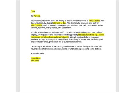 Bereavement Leave Letter to Parents Template, Bereavement Leave Letter, Bereavement Leave ...