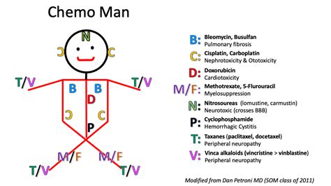 chemo_man_visual_mnemonic [TUSOM | Pharmwiki] | Chemo, Nursing school survival, Mnemonics