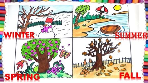 HOW TO DRAW FOUR SEASONS FOR KIDS-HOW TO DRAW WINTER,FALL,SUMMER AND SPRING - YouTube