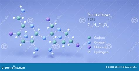 Sucralose, E955, Molecular Structures, 3d Rendering, Structural Chemical Formula and Atoms with ...