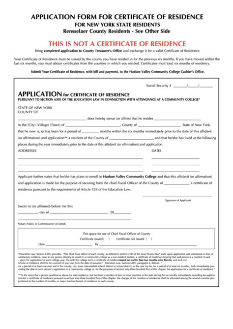 Application Form For Certificate Of Residence For New York State ...