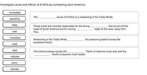 SOLVED: Investigate cause and effects of El Nino by completing each sentence immediate The cause ...