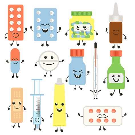 Funny medicine pills character set. Humor medical emoticons pills collection. Cartoon work emoji ...