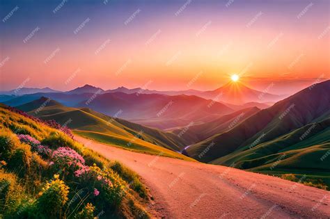 Premium AI Image | A sunset with a mountain road and a sunset in the background