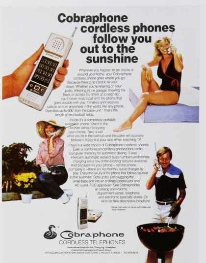 1980s advertisement for cordless phones promoted 'mobility' and freedom ...