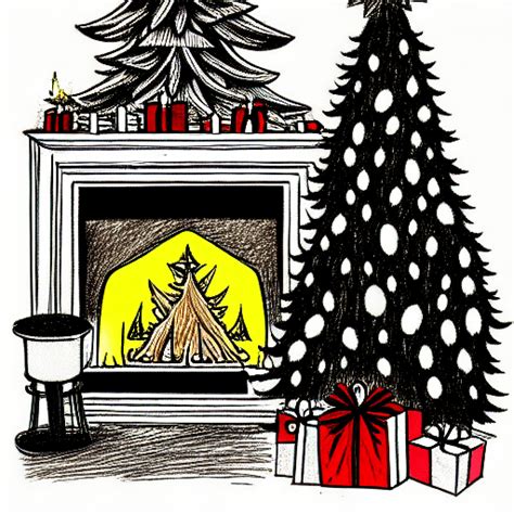 Christmas Tree and Fireplace Scene in Edward Gorey Style Drawing ...