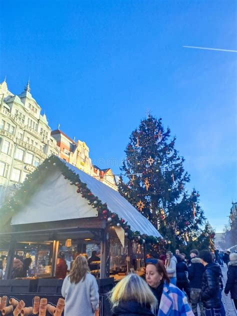 Prague- Czech- 27 December 2023: Christmas Tree Located in the Wenceslas Square Editorial ...