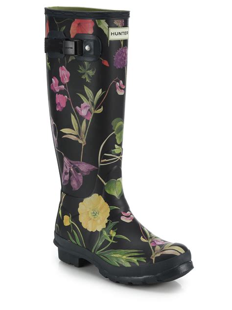 HUNTER Rhs Tall Floral-print Rain Boots in Black | Lyst