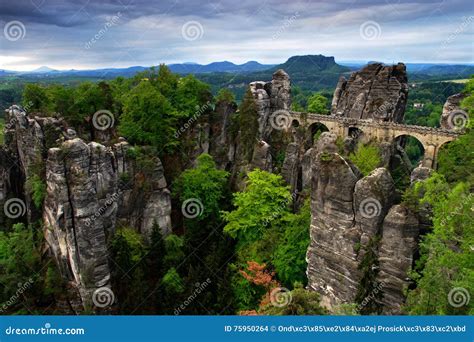 Bastei Bridge in Saxon Switzerland, at Sunrise and the Mist Over the ...