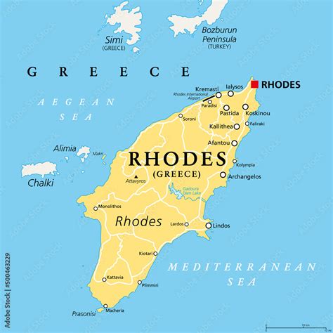 Rhodes, Greek island, political map. Largest of Dodecanese islands of ...