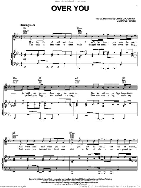 Daughtry: Over You sheet music for voice, piano or guitar (PDF)