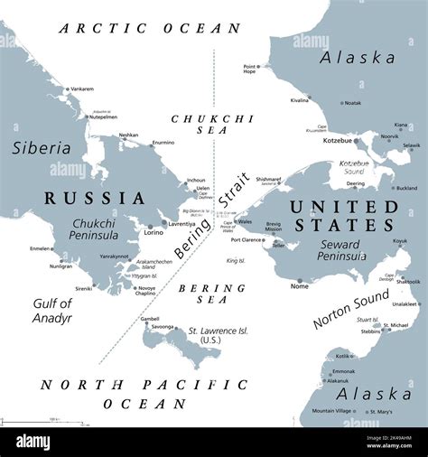 Bering Strait, gray political map. Strait between the North Pacific ...