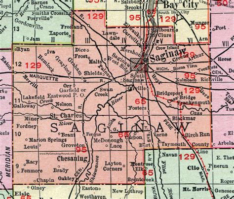 Saginaw County, Michigan, 1911, Map, Rand McNally, Freeland, Frankenmuth, Birch Run, Chesaning ...