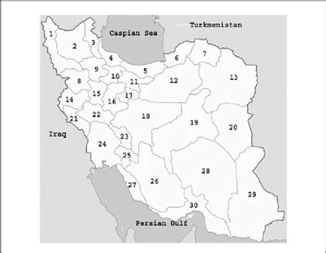 Map of Iran 1-West Azerbaijan, 2-East Azerbaijan, 3-Ardabil, 4- Gilan ...