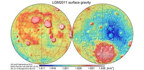 Lunar gravity model (LGM2011). Gravity acceleration at the surface of ...