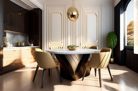 Premium AI Image | Brown luxury wooden kitchen island marble top dining table high chair in ...