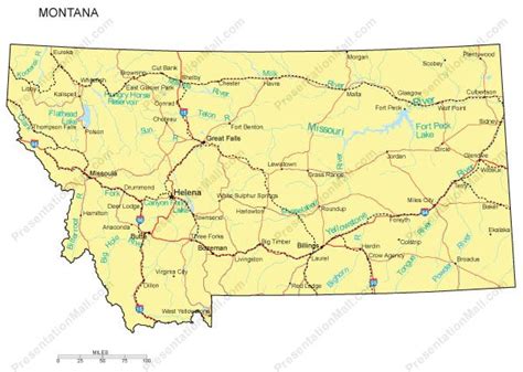 Montana PowerPoint Map - Major Cities, Roads, Railroads, Waterways