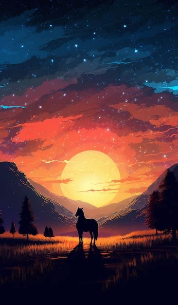 Premium AI Image | A painting of a horse in front of a sunset