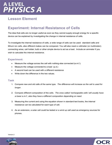 Internal resistance of cells - Experiment - Activity - Lesson element (DOCX, 136KB)