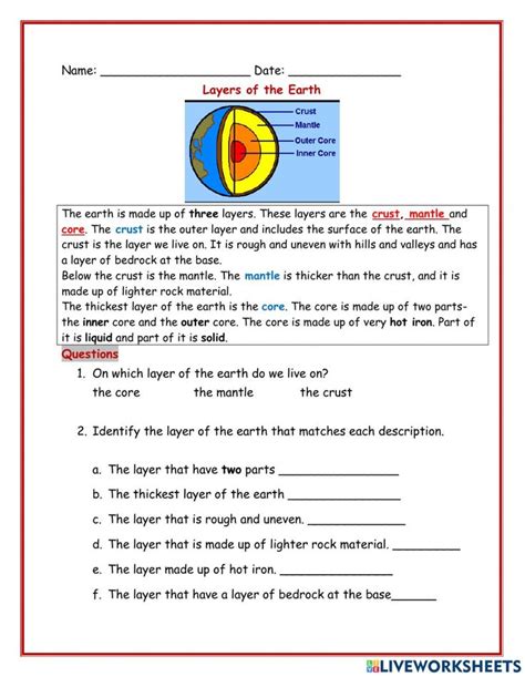 worksheet for the layers of earth