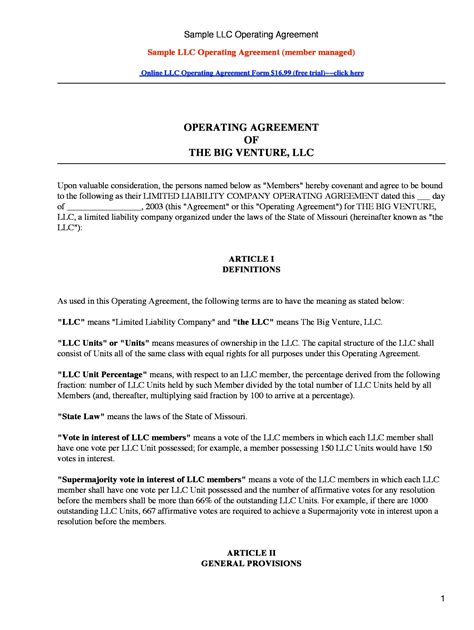 Operating Agreement For Llc Missouri Template Free | PDF Template