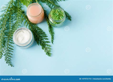 Image of Cosmetics Ingredients on Blue Background with Copy Space ...