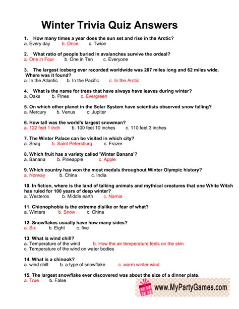 Free Printable Winter Trivia Quiz with Answers