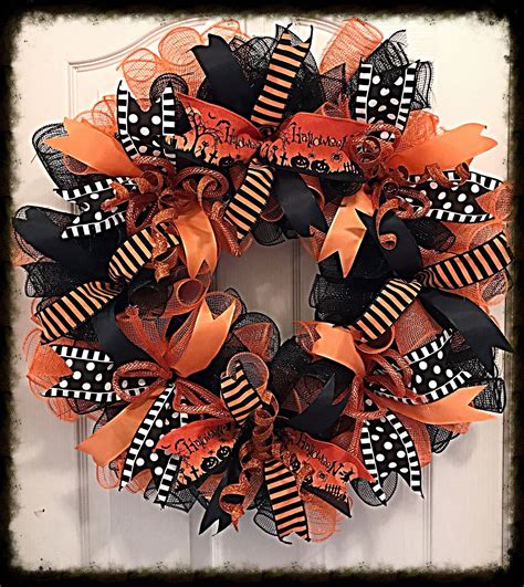 Halloween Orange and Black Deco Mesh Wreath/halloween Wreath/orange and Black Wreath/fall Wreath ...