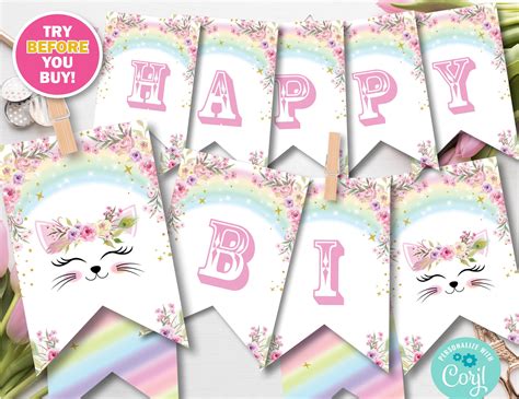 Cat Cat Rainbow Birthday Party banner first birthday. | Etsy