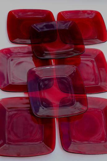 Royal ruby red glass vintage Anchor Hocking Charm square glass plates set of 8