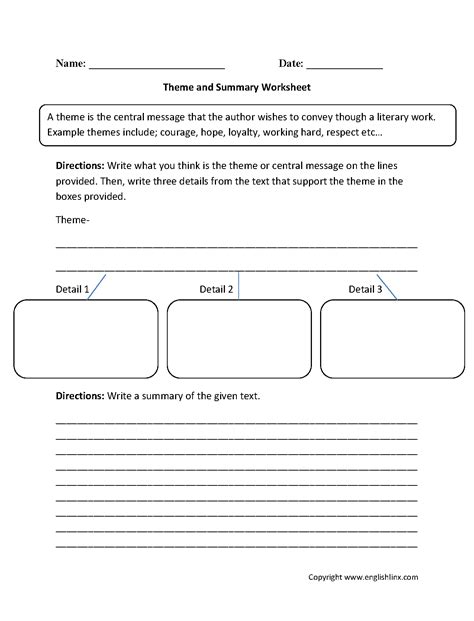 Theme and Summary Worksheets | School worksheets, Summarizing worksheet ...