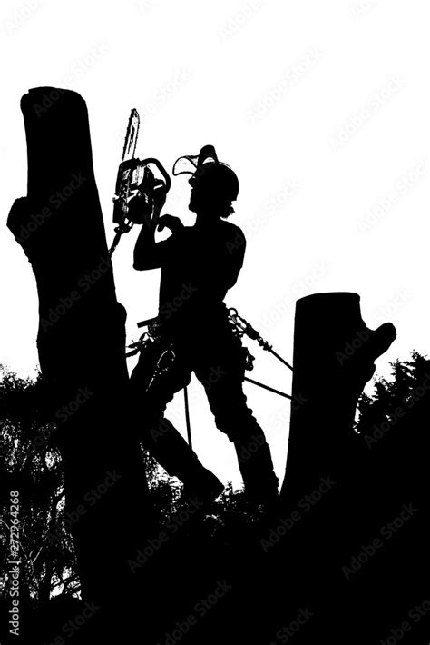 Vector silhouette of an Arborist at work with a chainsaw up a tree ...