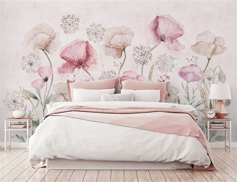 Watercolor Poppy Floral Wallpaper Hand Paint Soft Flower - Etsy