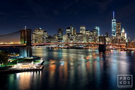 Brooklyn Bridge and Lower Manhattan Skyline at Night - Fine Art Photo by Andrew Prokos
