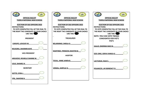 SSG Sample Ballot - OFFICIAL BALLOT TUDELA NATIONAL HIGH SCHOOL ...