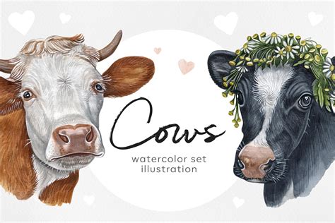 Watercolor set cute cows illustrations. 8 cow/ox (912257 ...