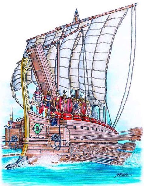 A Roman war galley during the Punic Wars, equipped with the ‘corvus’ boarding plank. Artwork by ...