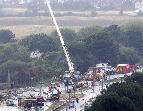 The damaged remains of the fuselage of a Hawker Hunter fighter jet | Shoreham air show disaster ...