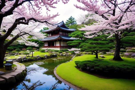 Premium AI Image | A garden with a pond and a pagoda in the background