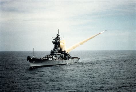 An RGM-84 Harpoon missile is launched from the battleship USS NEW JERSEY (BB-62) at the Pacific ...