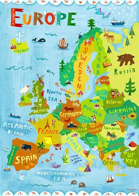 Europe Map Illustration / Digital print poster / Kids Room Wall Art Decor / Travel Children ...